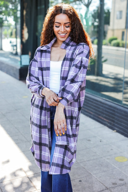 Lavender Plaid Hacci Knit Open Cardigan