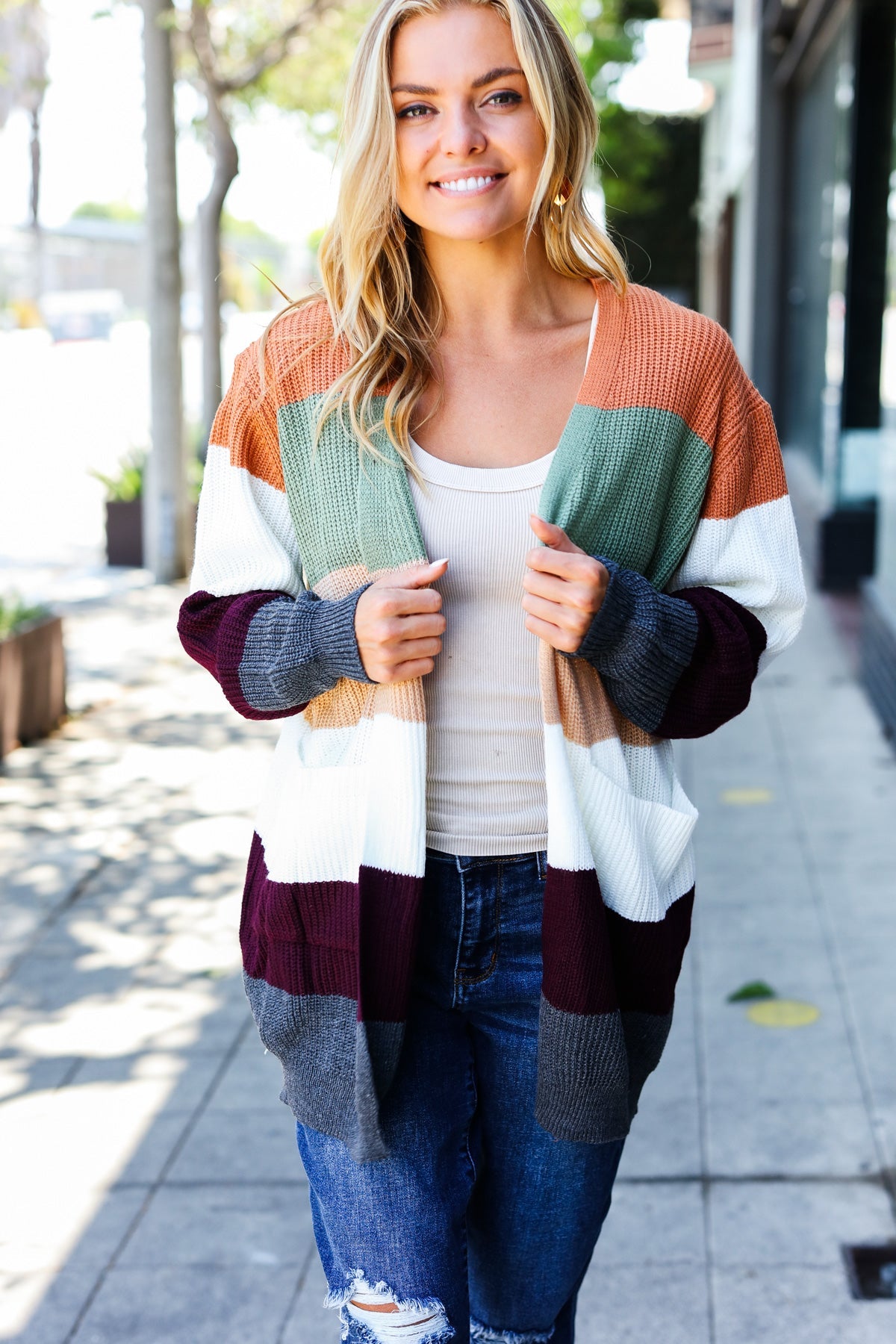 Plum & Olive Color Block Open Cardigan