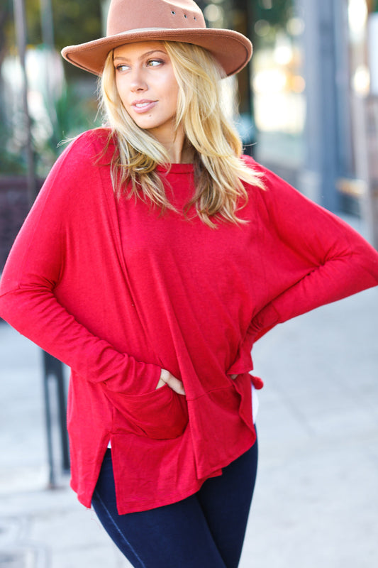 Red Hacci Dolman Pocketed Sweater Top
