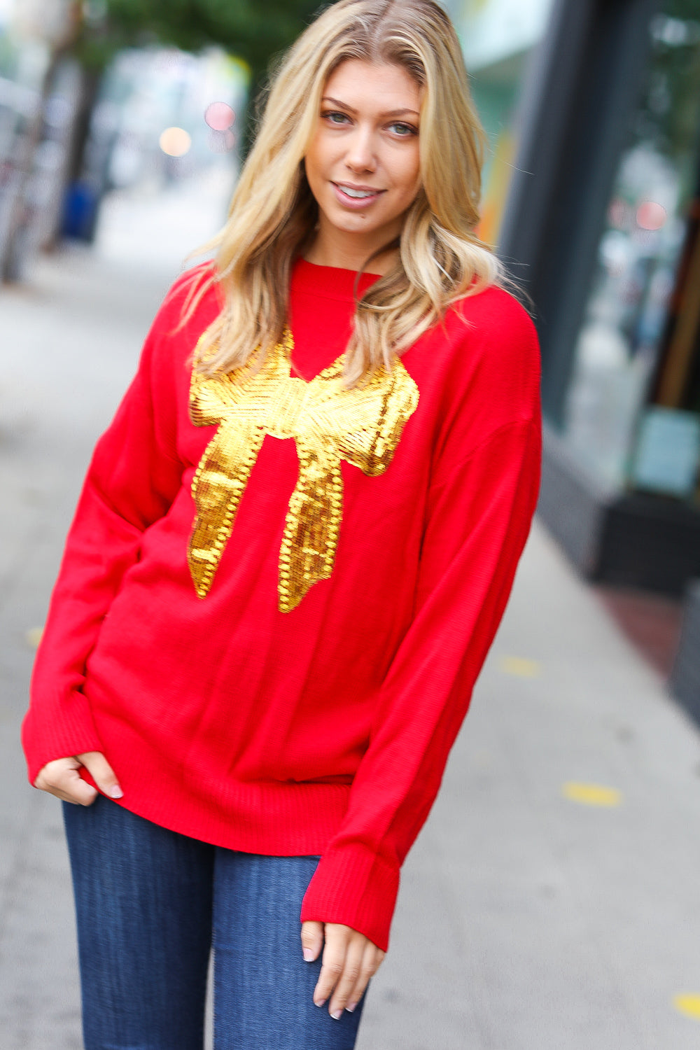 Red Sequin Bow Embroidery Knit Sweater