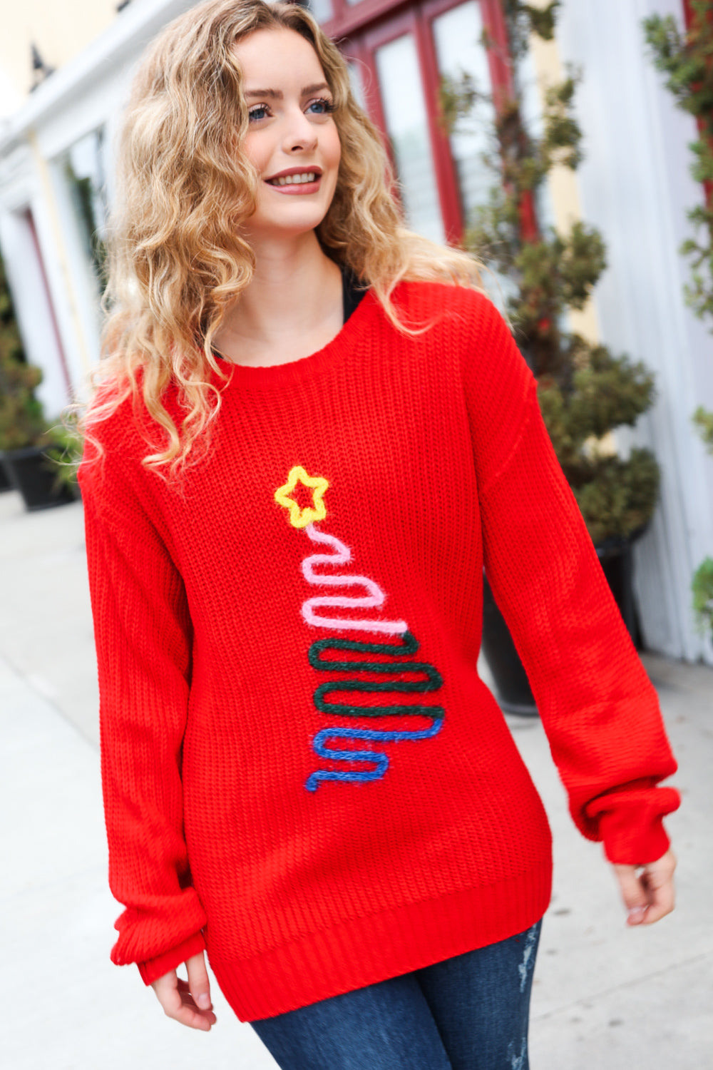 Red Christmas Tree Lurex Embroidery Sweater