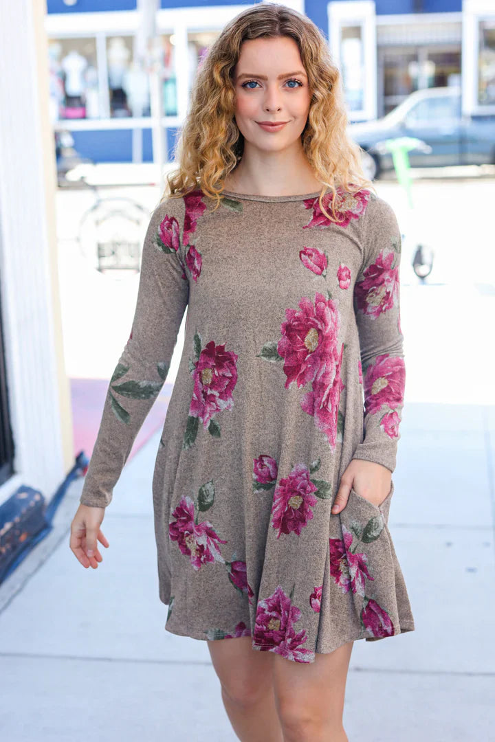 Taupe & French Rose Floral Long Sleeve Dress