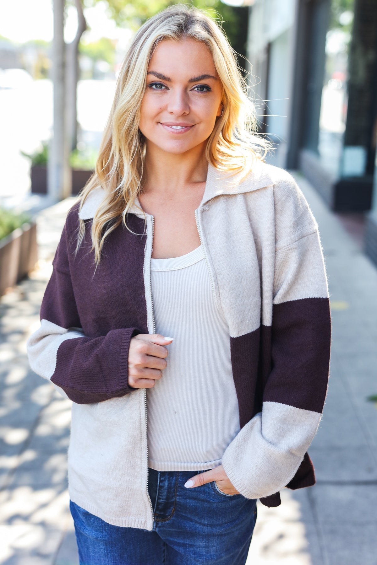 Brown Color Block Collared Zip Up Sweater