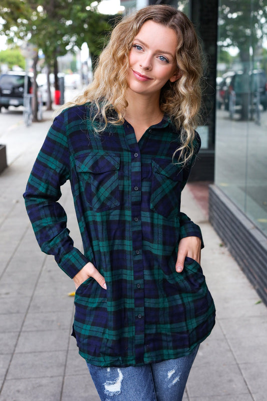 Navy & Green Plaid Long Sleeve Shirt