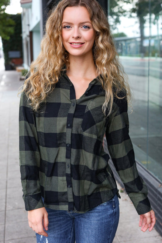 Army Green Plaid Button Down Shirt