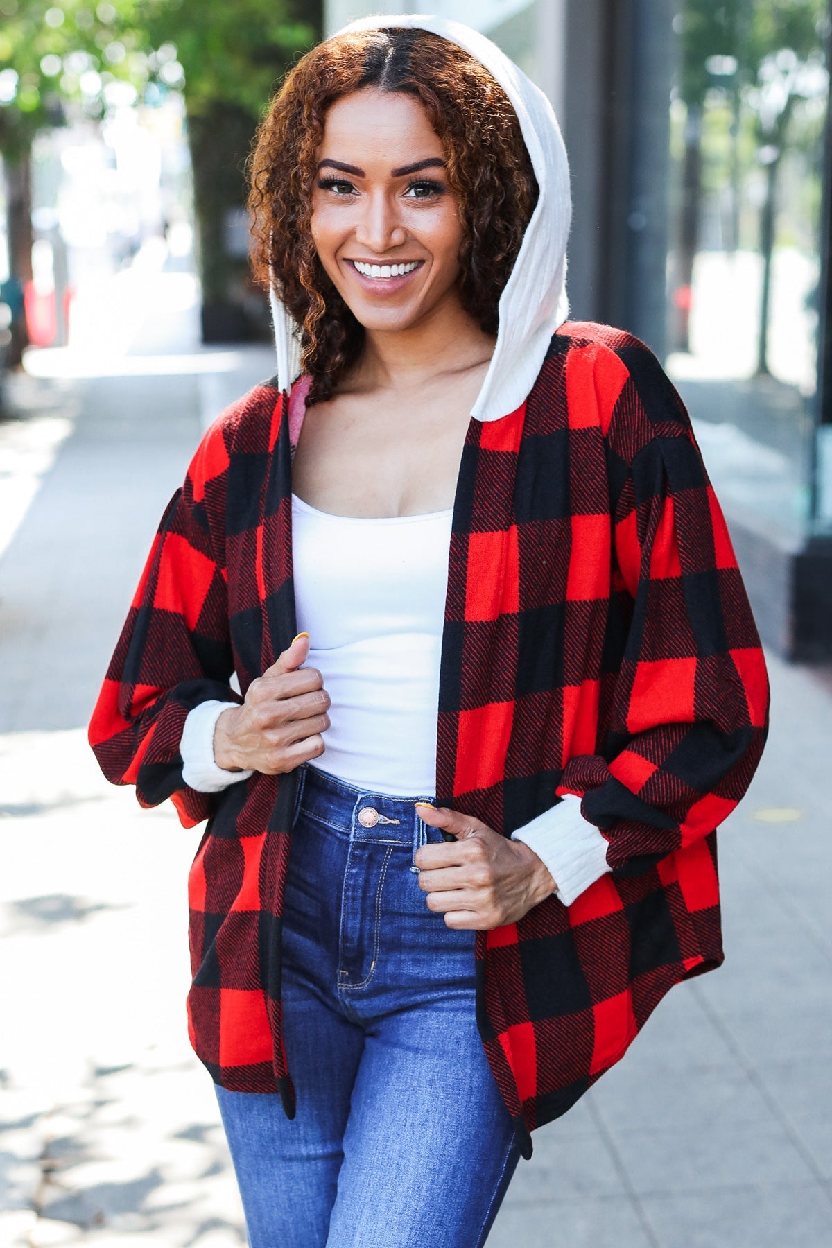 Red Buffalo Plaid Ribbed Hooded Sweater