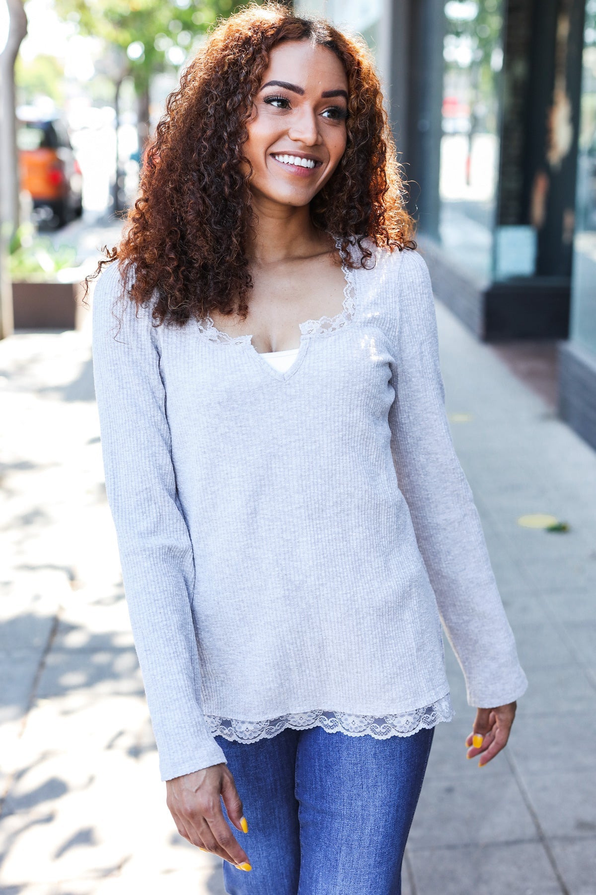 Grey Lace Trim Rib Long Sleeve Top