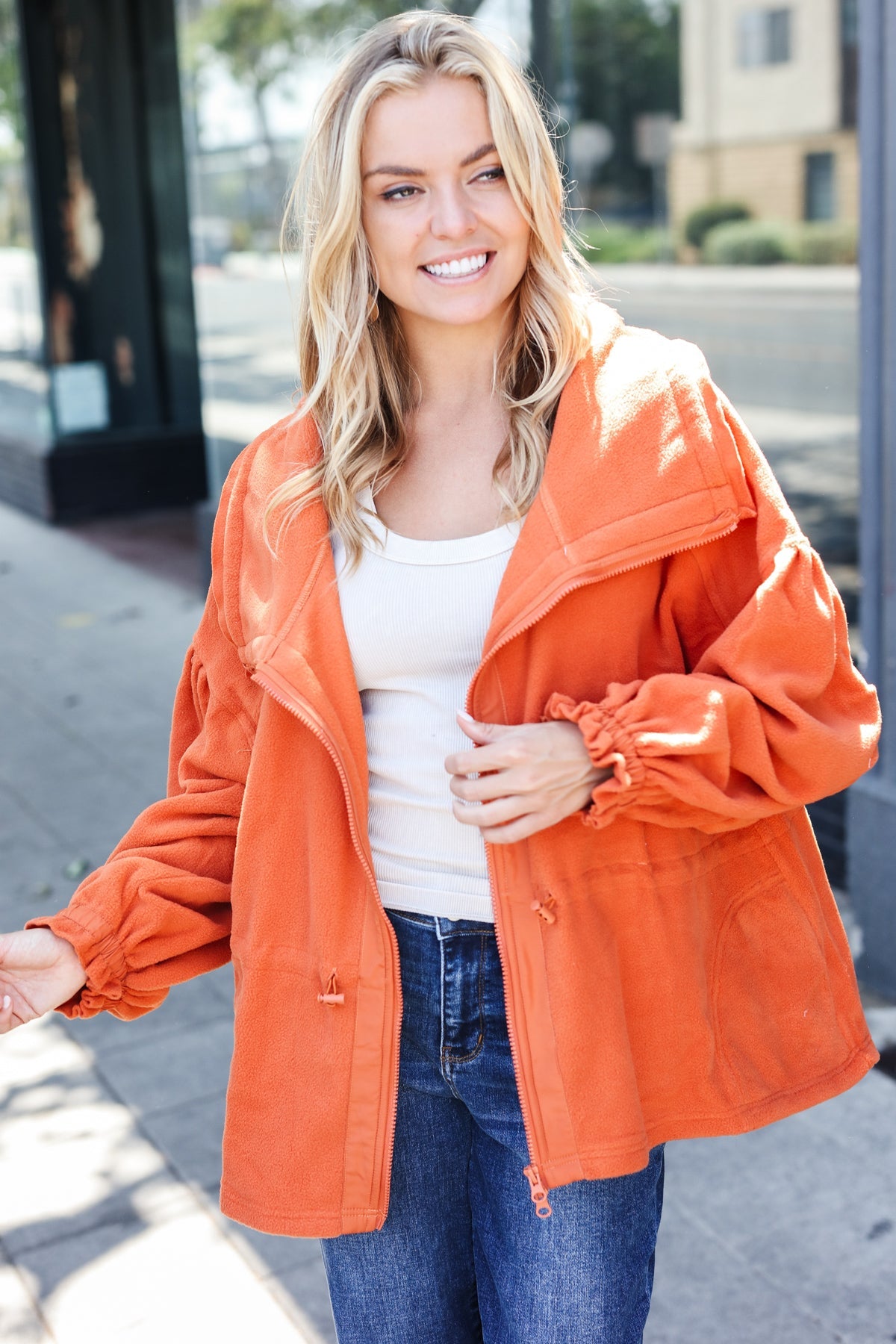 Rust Cinched Waist Zip Up Fleece Jacket