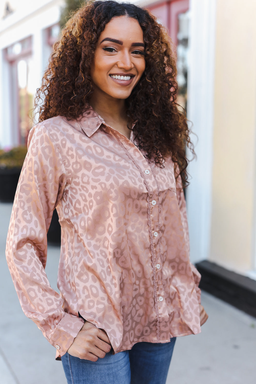 Rose Gold Satin Animal Print Lace Detail Shirt