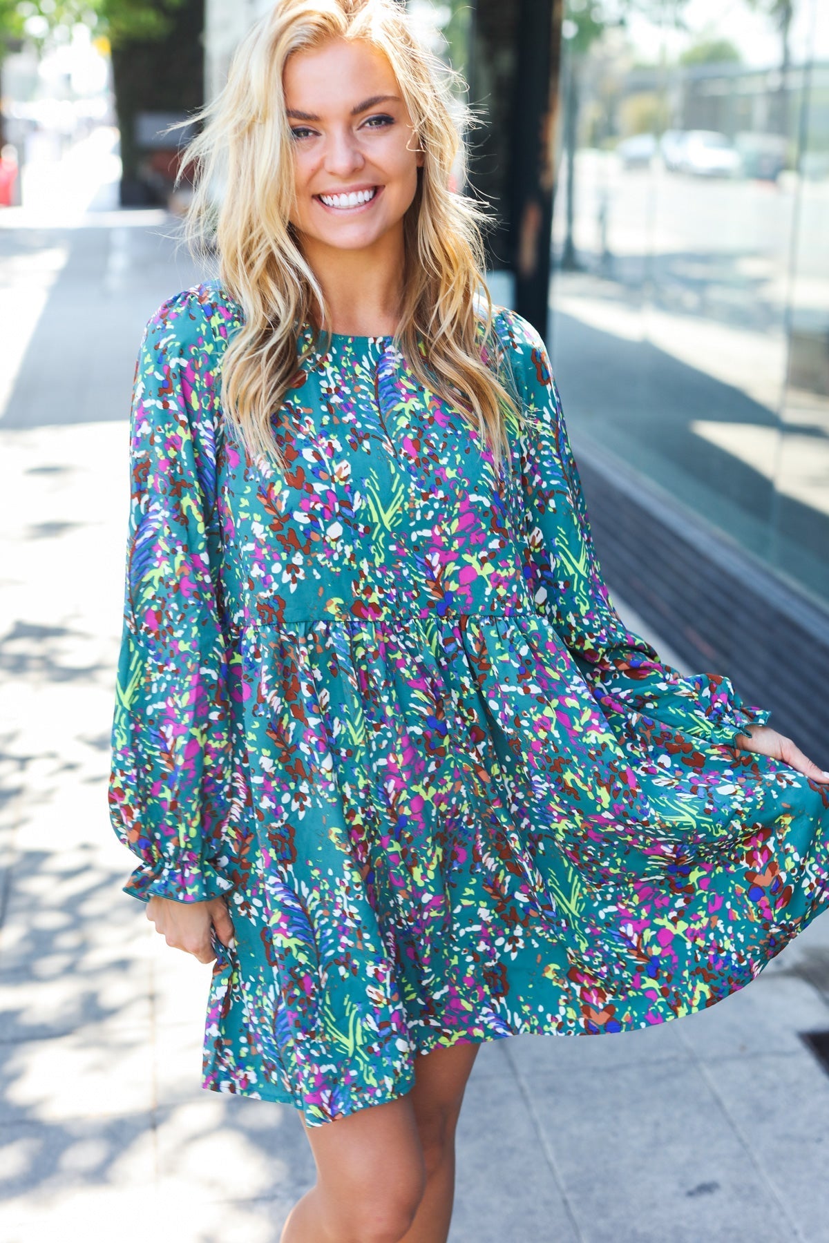 Hunter Green Floral Frill Sleeve Dress