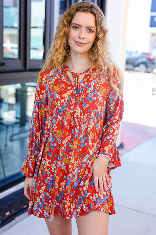 Rust Floral Tie Front Elastic Bell Sleeve Dress