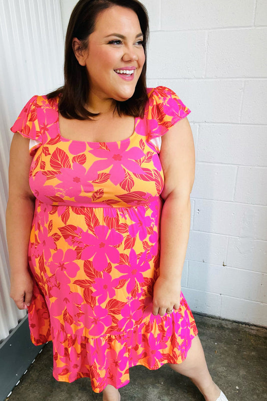 Fuchsia Orange Floral Square Neck Ruffle Hem Dress