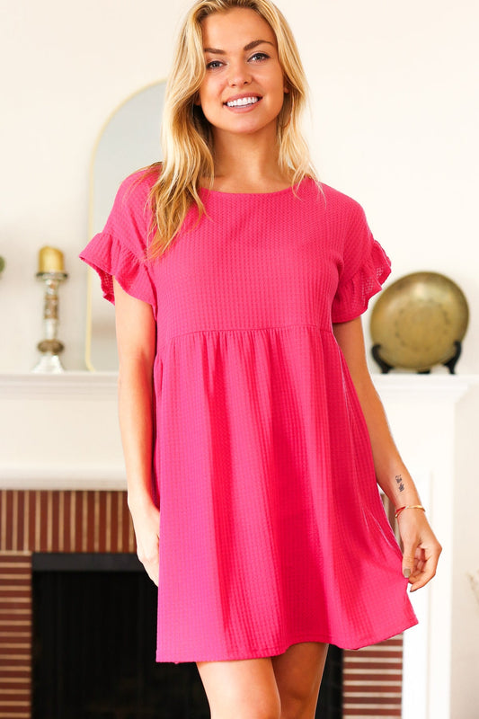 Fuchsia Waffle Knit Ruffle Sleeve Babydoll Dress