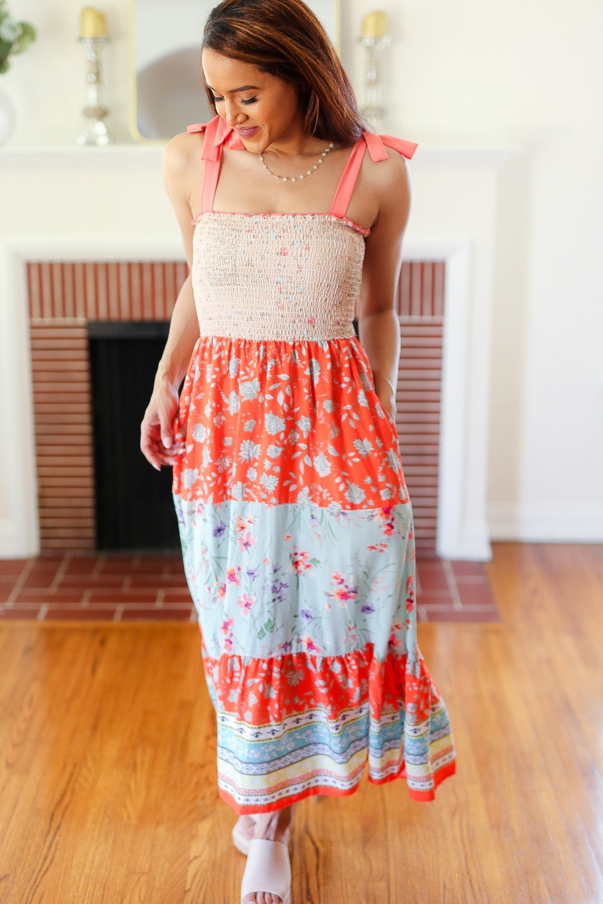 Taupe Floral Smocked Shoulder Tie Tiered Maxi Dress