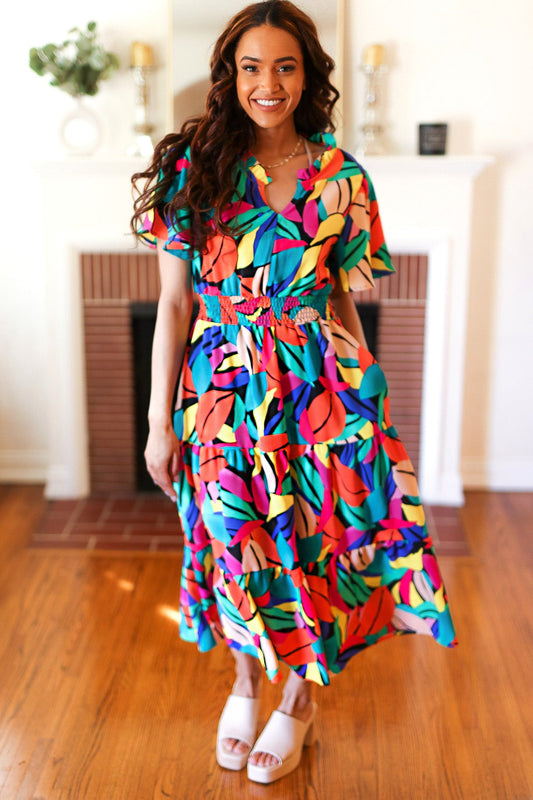 Multicolor Abstract Tropical Print Smocked Waist Maxi Dress