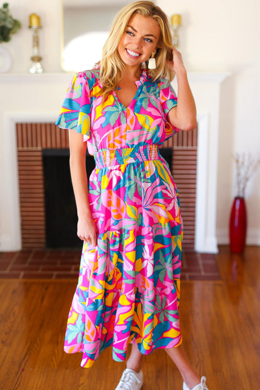 Fuchsia Floral Smocked Waist Maxi Dress