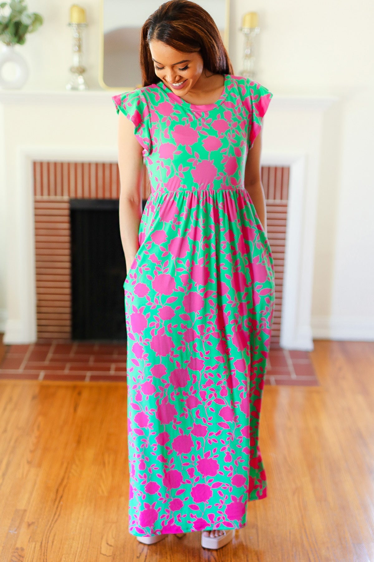 Green & Fuchsia Floral Fit & Flare Maxi Dress