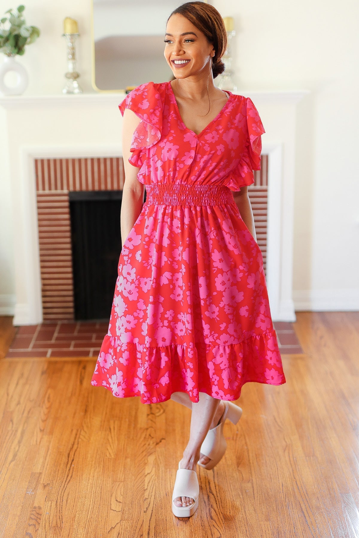 Red Pink Floral Smocked Waist Midi Dress