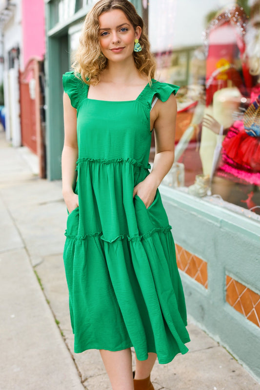 Kelly Green Smocked Flutter Sleeve Tiered Midi Dress