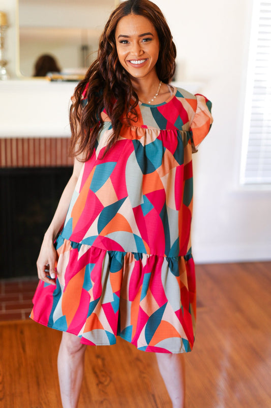 Magenta & Teal Geometric Yoke Woven Dress