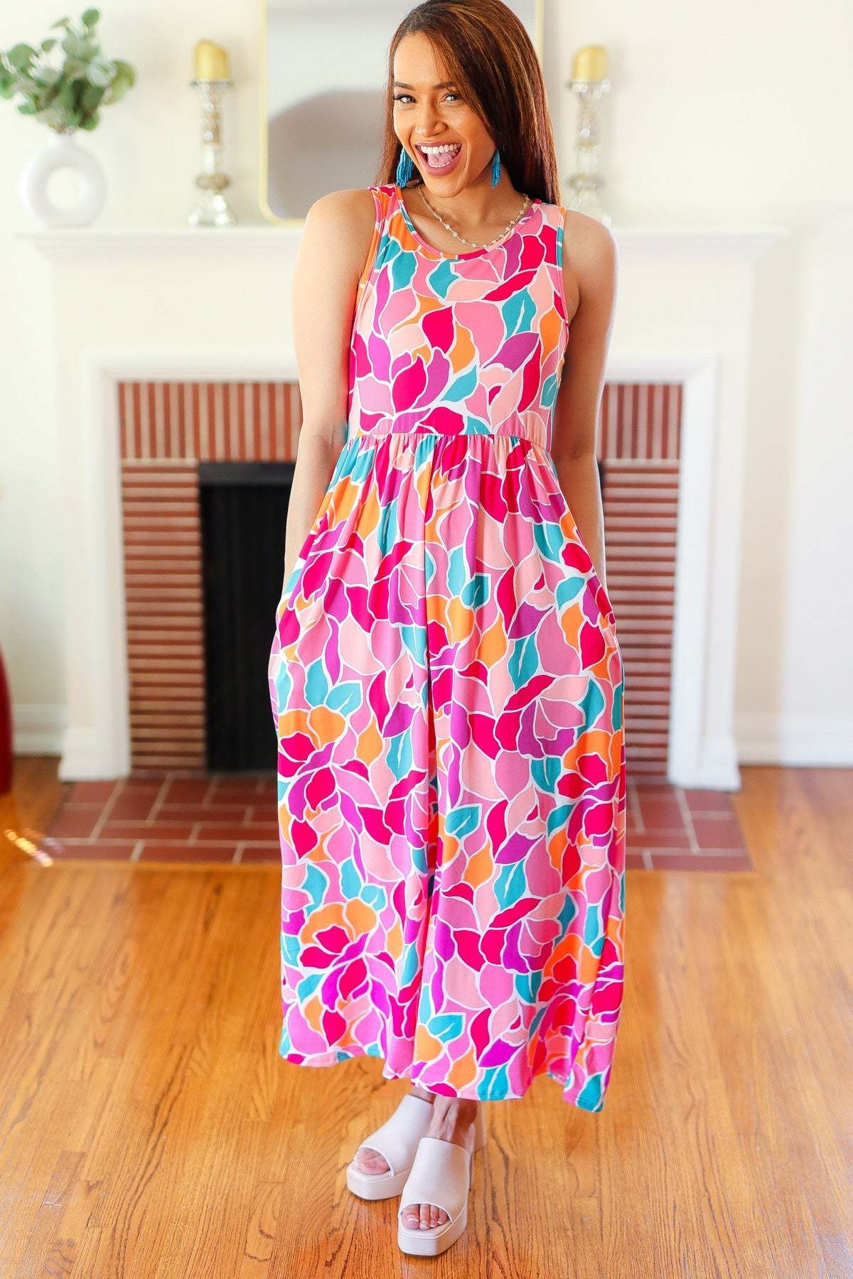 Fuchsia Abstract Floral Fit & Flare Maxi Dress