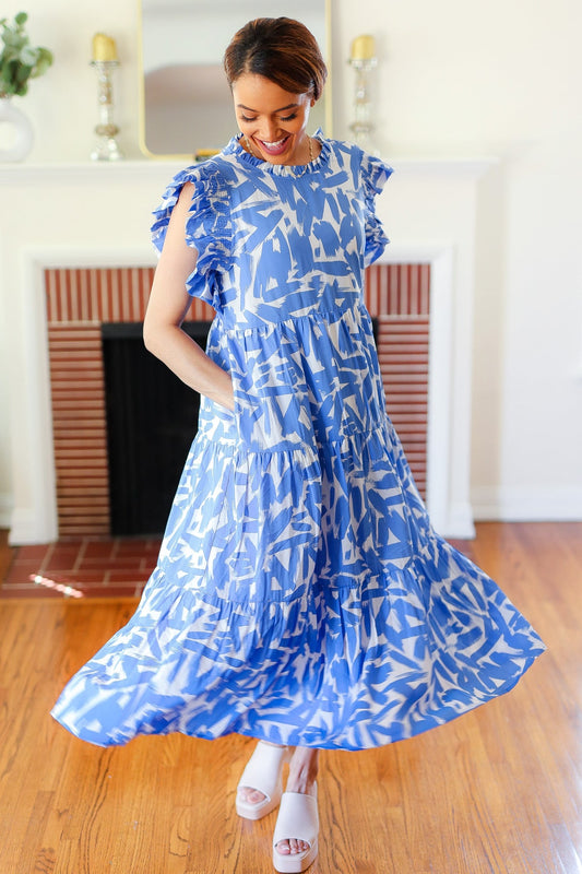 Sky Blue Brushstrokes Smocked Ruffle Sleeve Tiered Maxi Dress