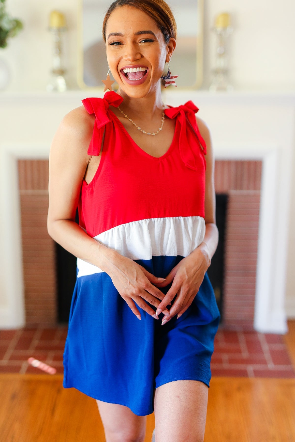 Red White & Blue Color Block Shoulder Tie Romper