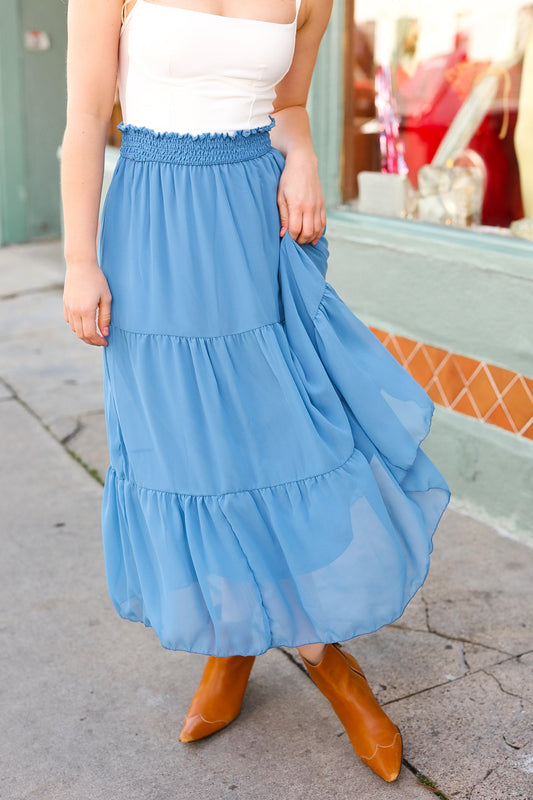 Denim Blue Smocked Waist Tiered Chiffon Skirt