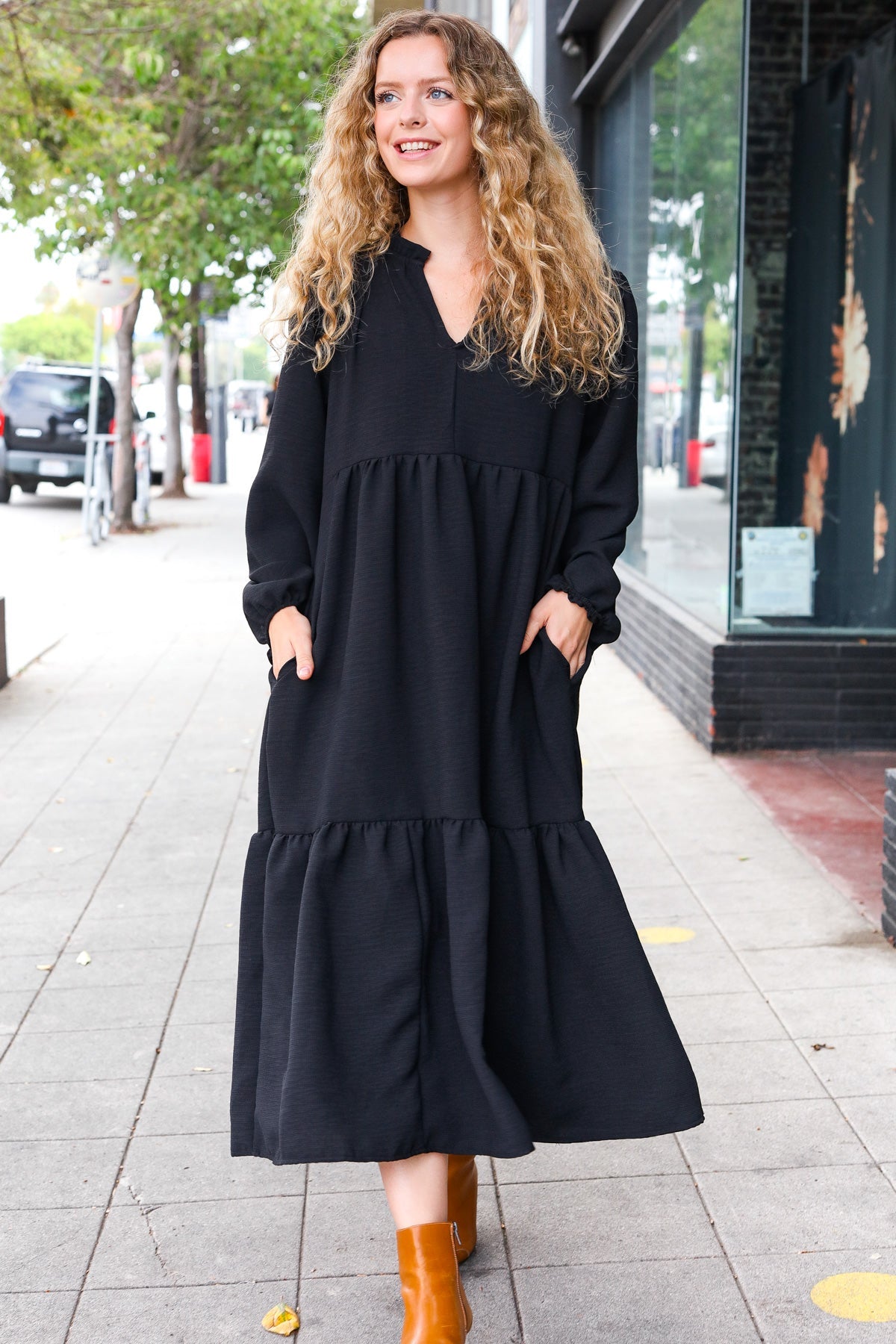 Black Notched Neck Frill Hem Tiered Maxi Dress