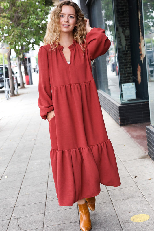 Spice Notched Neck Frill Hem Tiered Maxi Dress