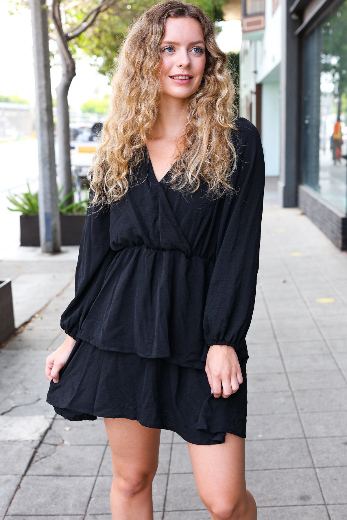 Black Surplice Tiered Woven Dress