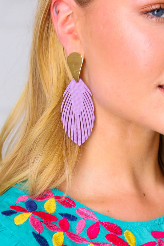 Lilac Leather Fringe Feather Earrings