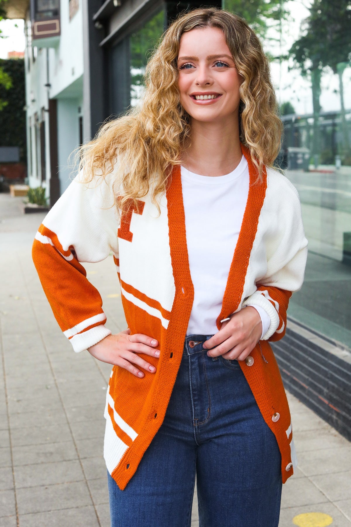 Burnt Orange "T" Embroidered Cardigan