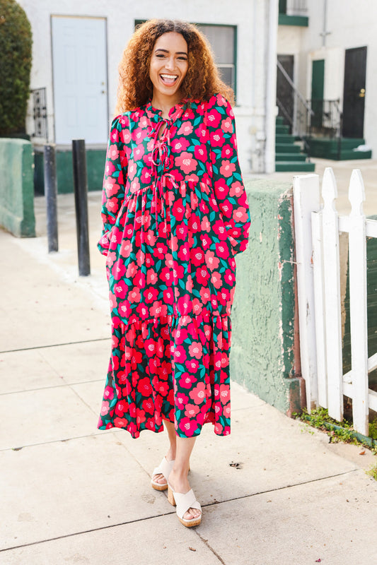 Green Fuchsia Floral Front Tie Tiered Maxi Dress