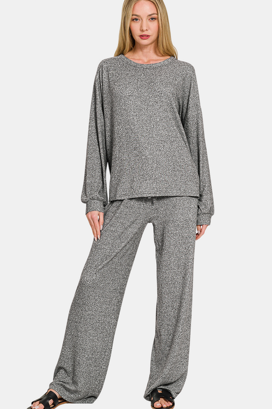 Gray Soft Melange Hacci Long Sleeve Tee & Pants Set