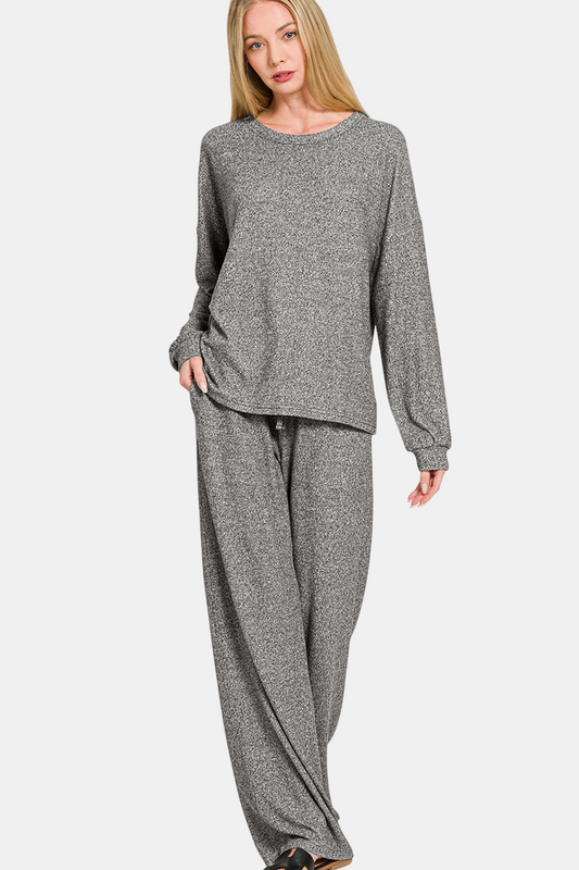 Gray Soft Melange Hacci Long Sleeve Tee & Pants Set