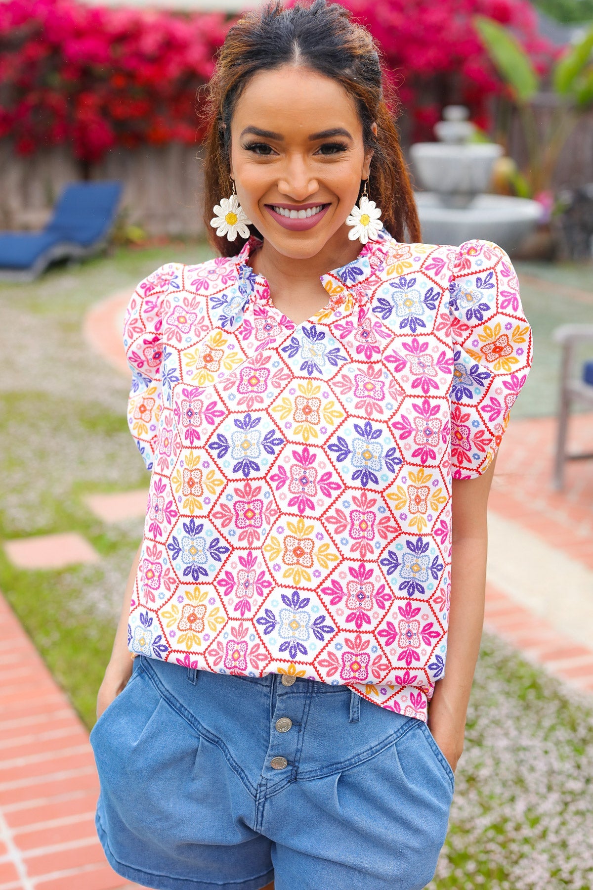 Ivory Floral Lace Frill Notch Neck Puff Sleeve Top