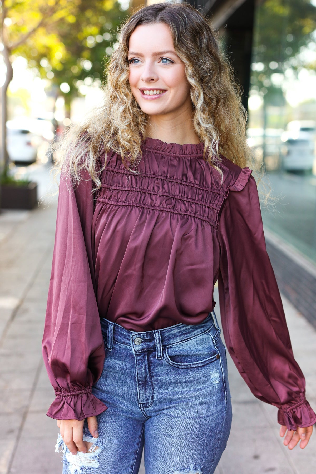 Wine Satin Shirred Yoke Frilled Mock Neck Top