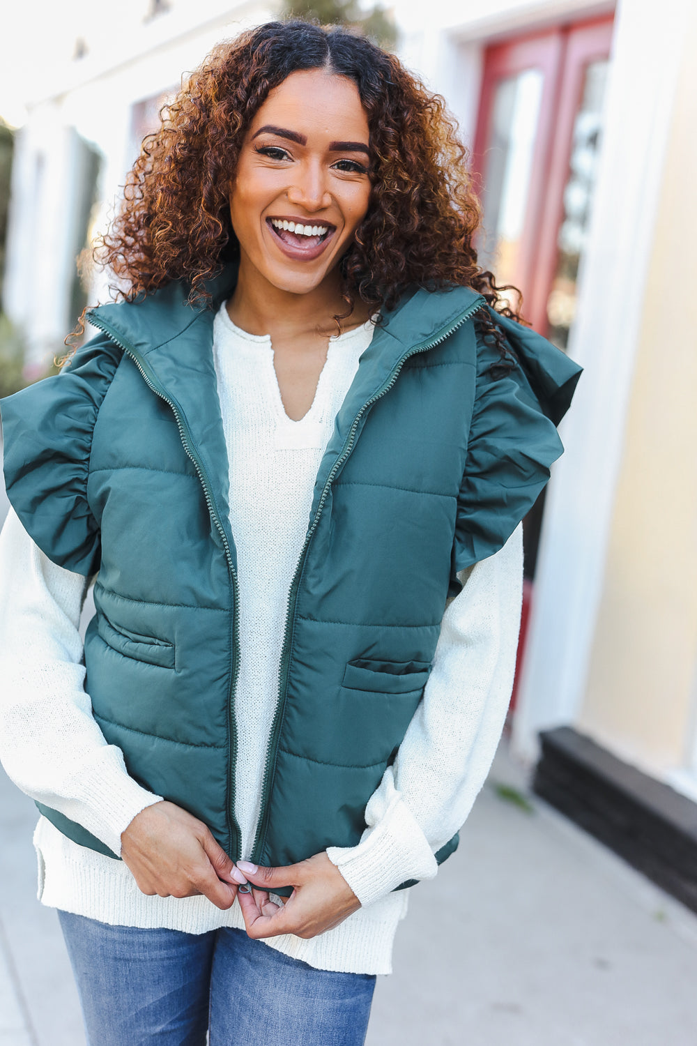 Hunter Green Zipper Up Quilted Ruffle Sleeve Puffer Vest