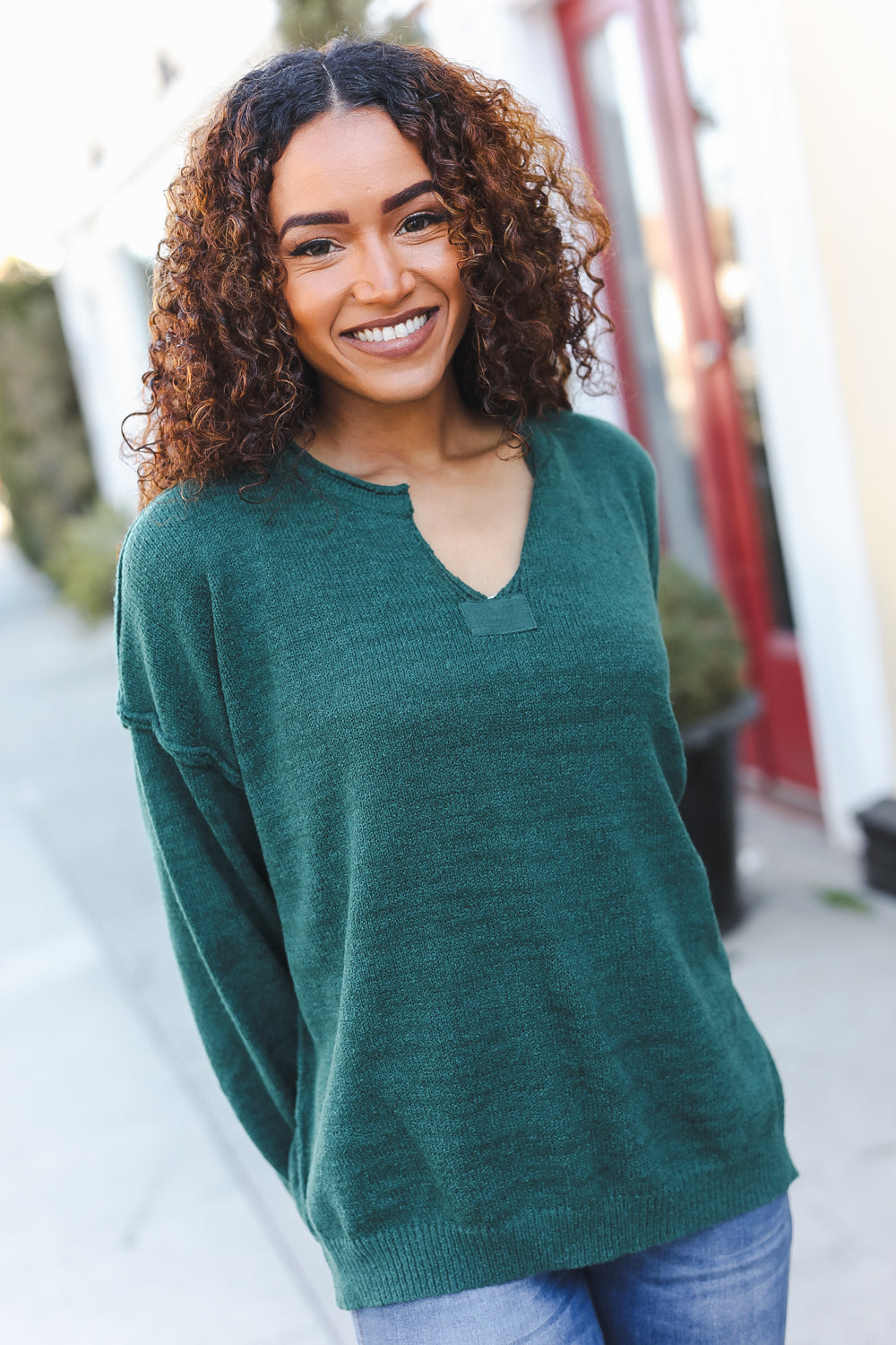 Hunter Green Notched Neck With Patch Oversized Sweater