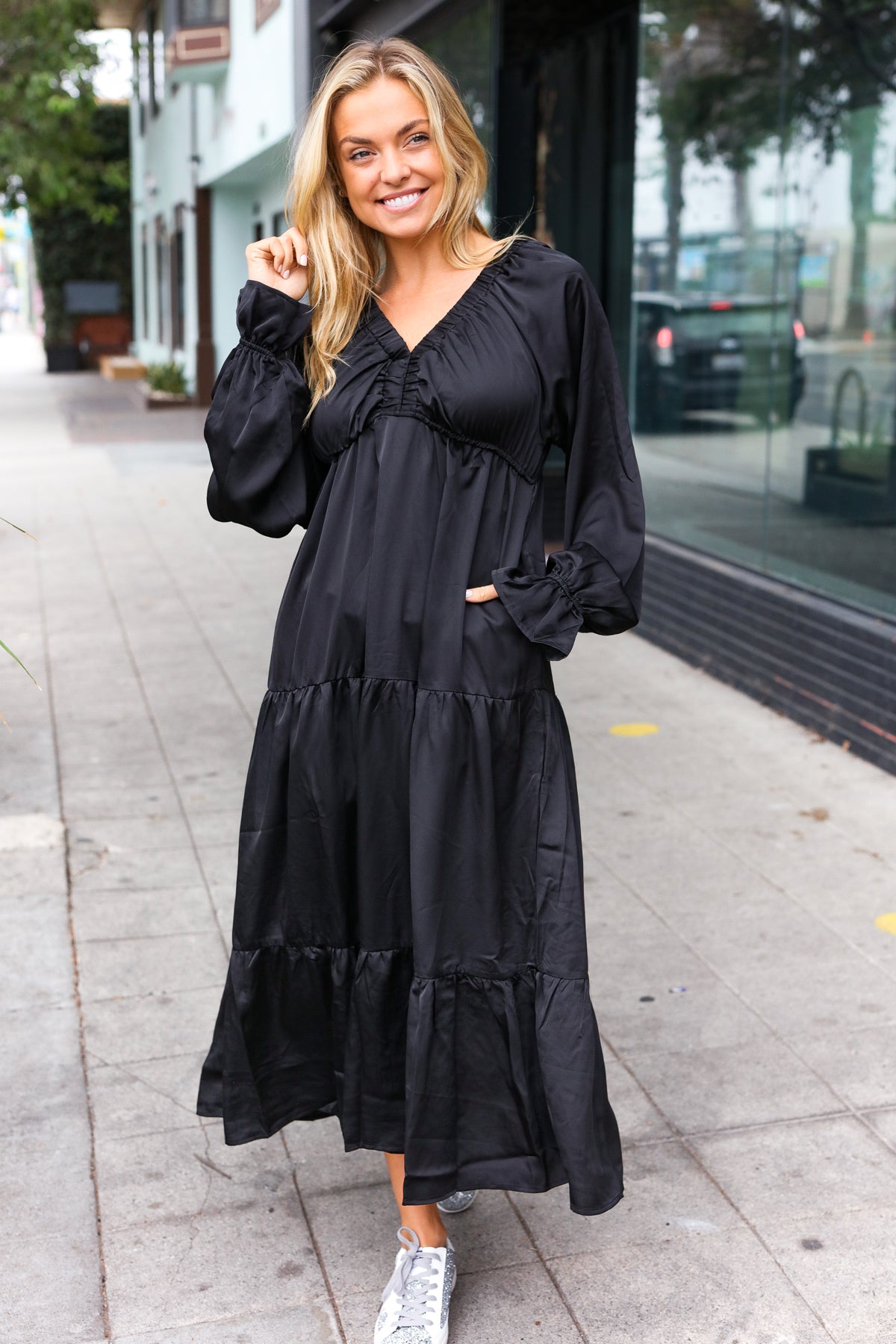 Black Elastic V Neck Tiered Satin Maxi Dress