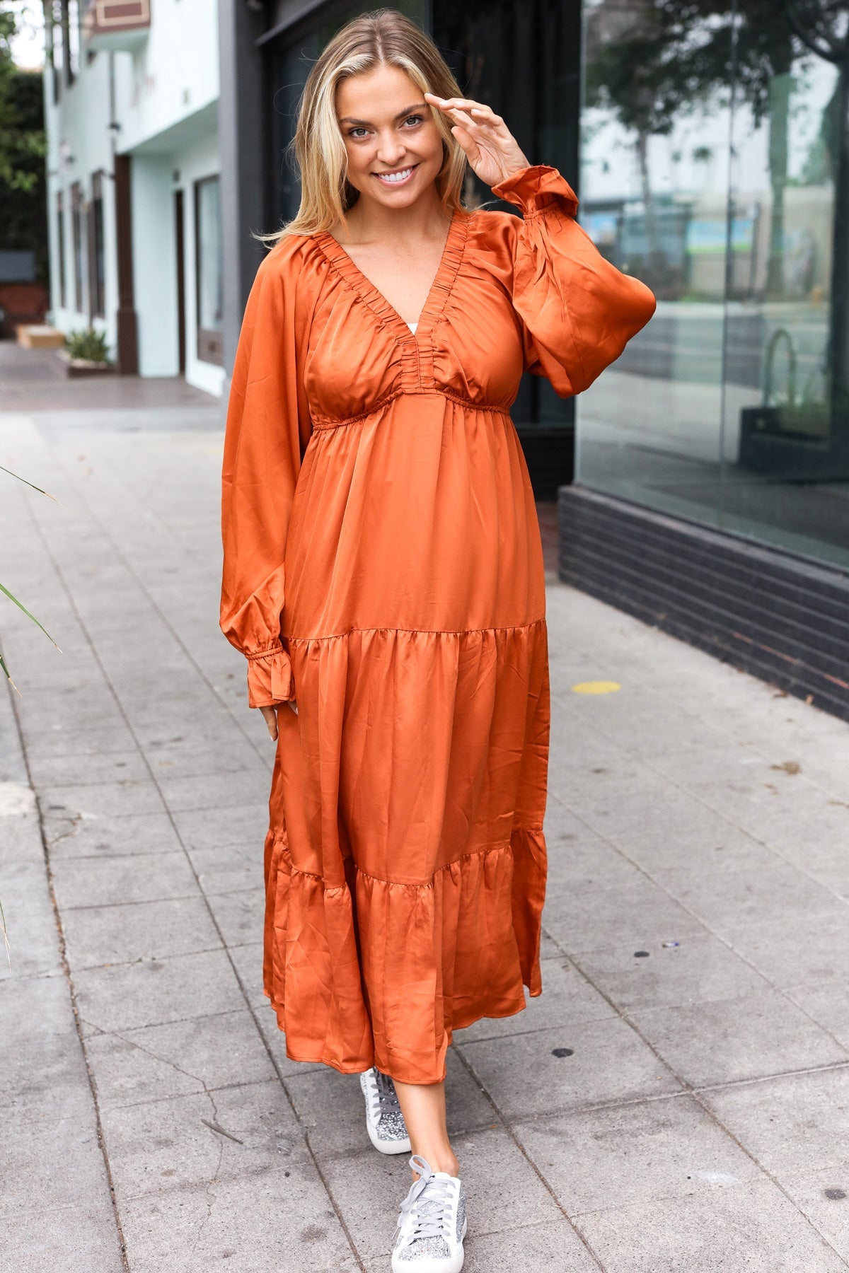 Rust Elastic V Neck Tiered Satin Maxi Dress