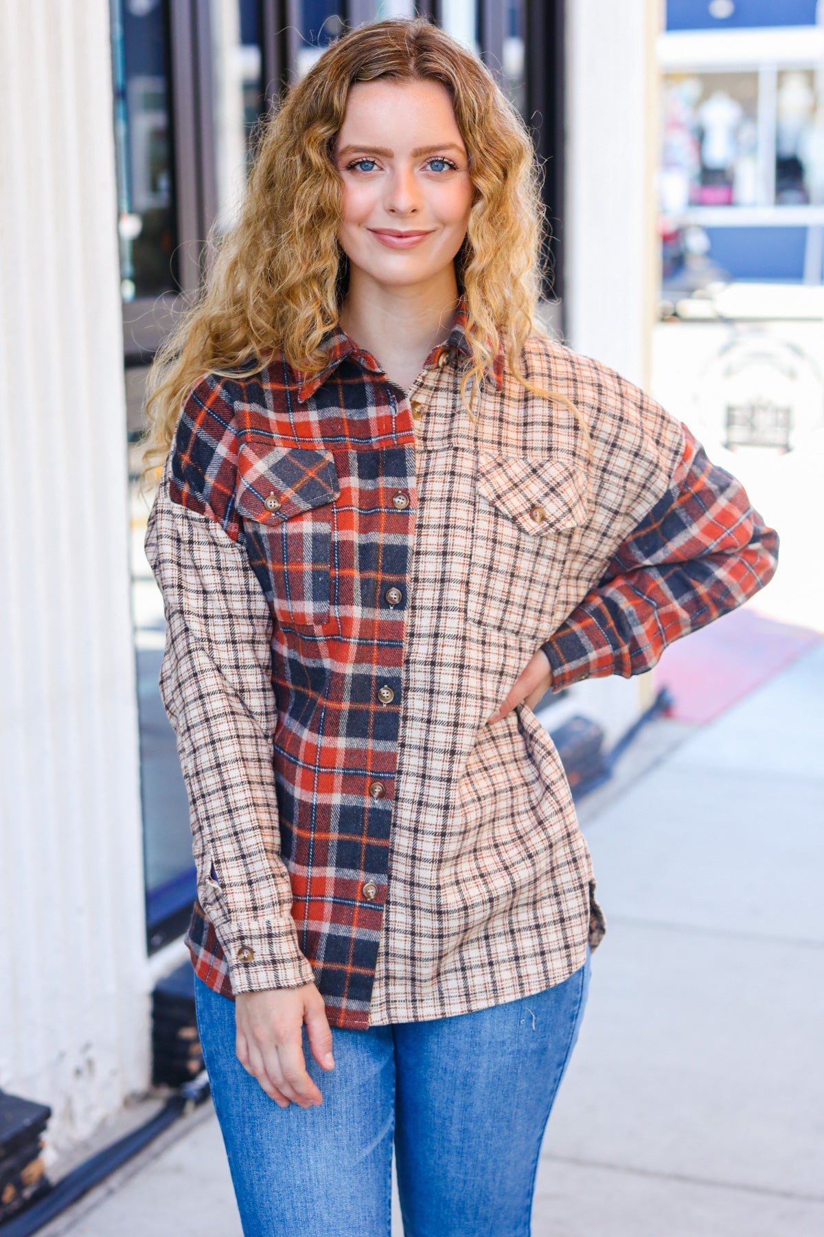 Rust & Taupe Plaid Color Block Shacket