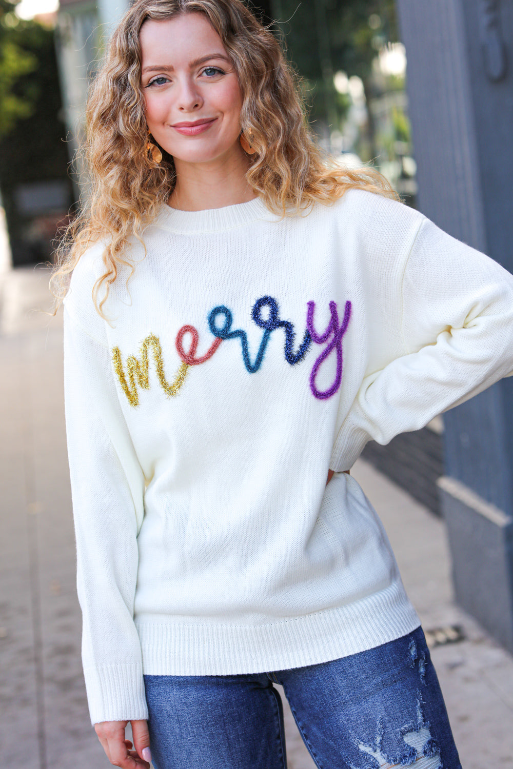 Merry White Pop Up Embroidery Lurex Sweater