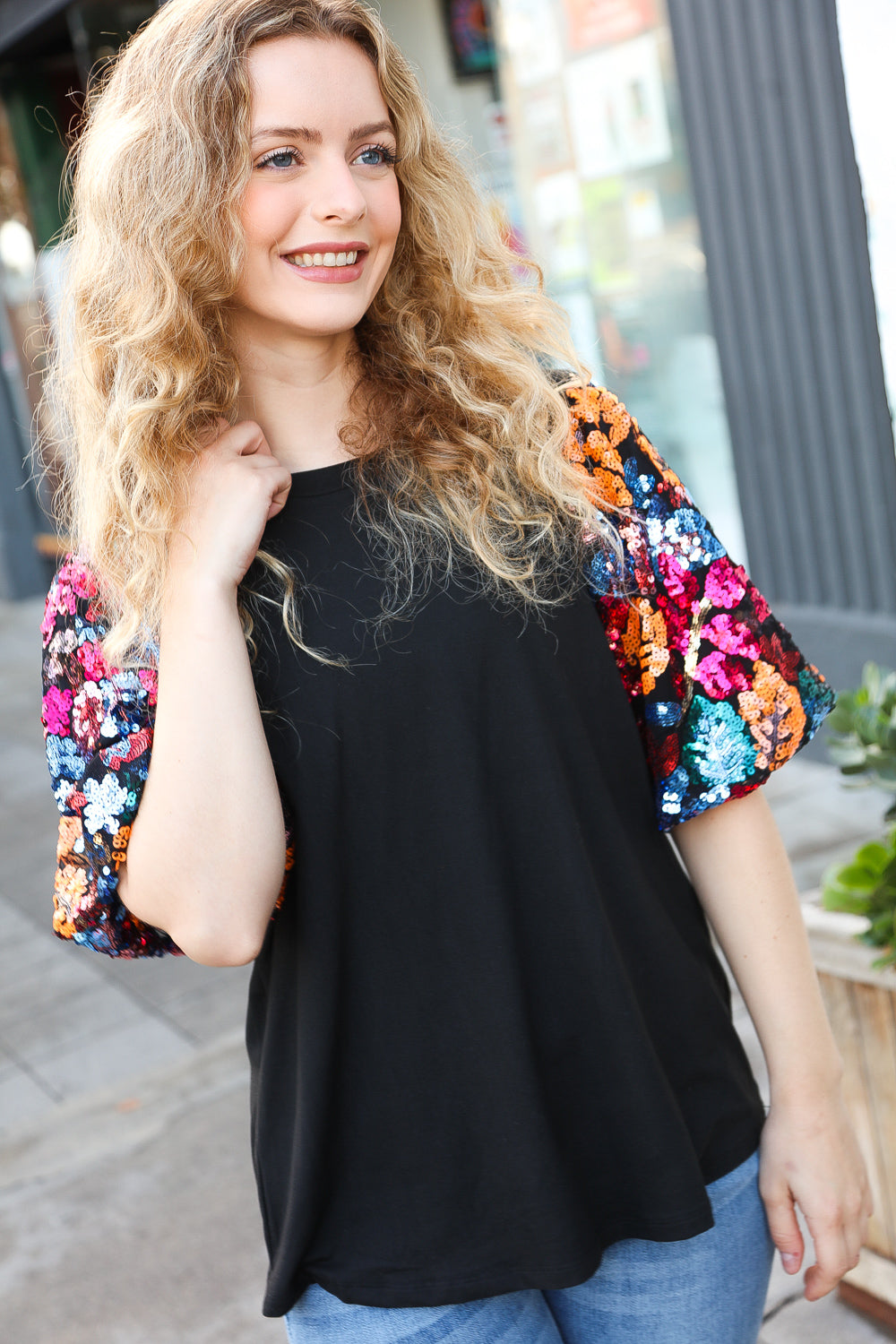 Black Sequin Floral Puff Sleeve Top