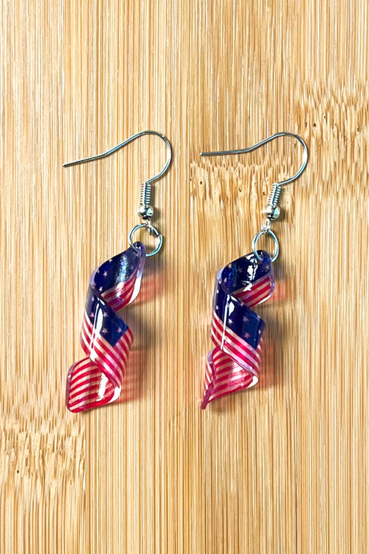 American Flag Acrylic Ribbon Twirl Dangle Earrings