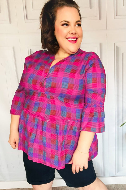 Fuchsia Plaid Notched Neck Babydoll Top