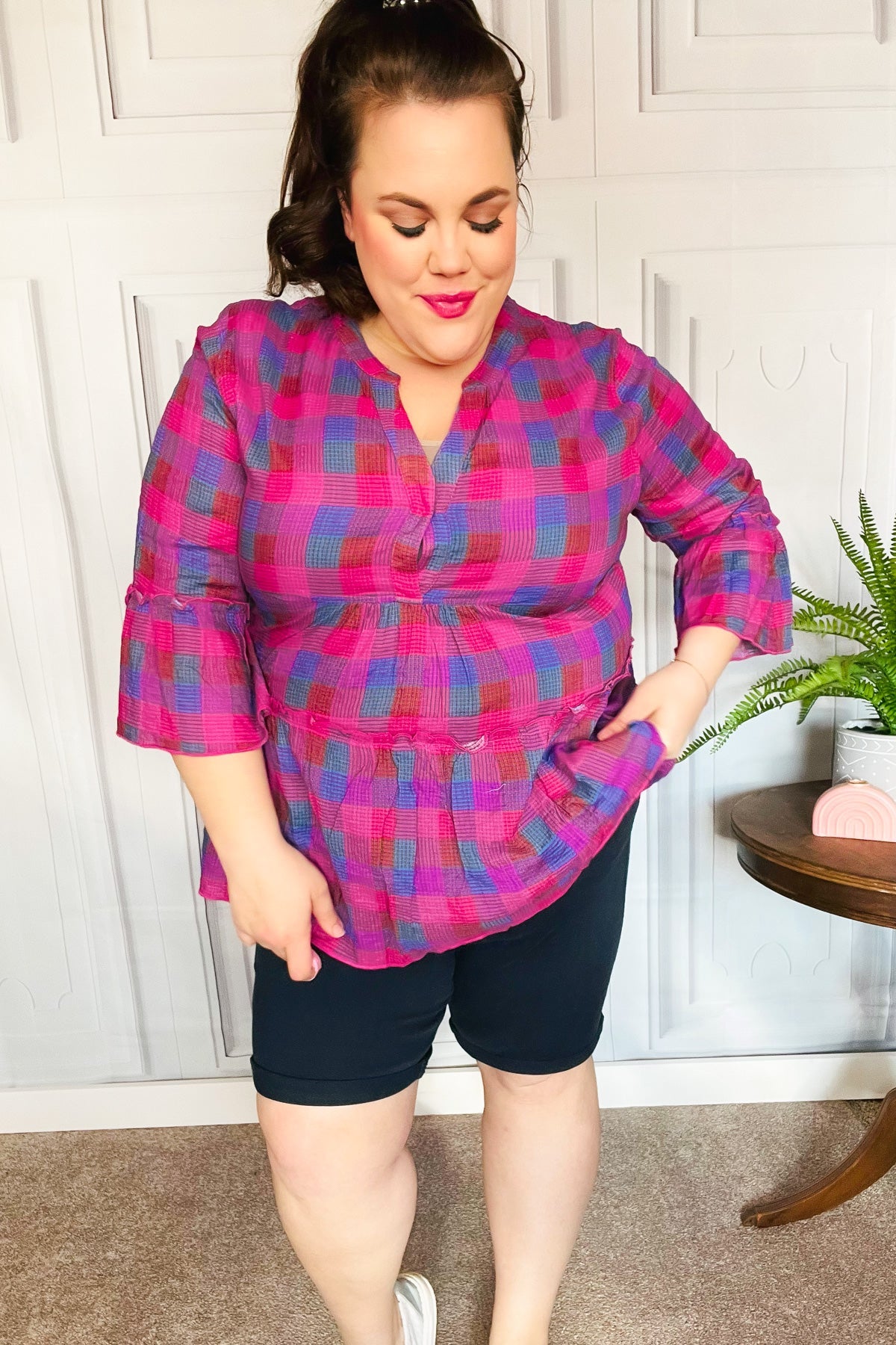 Fuchsia Plaid Notched Neck Babydoll Top