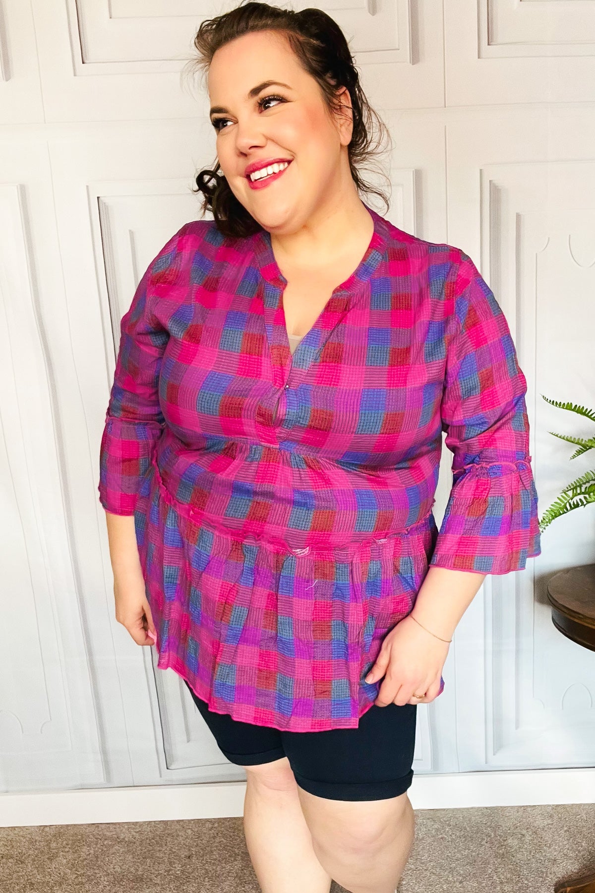 Fuchsia Plaid Notched Neck Babydoll Top