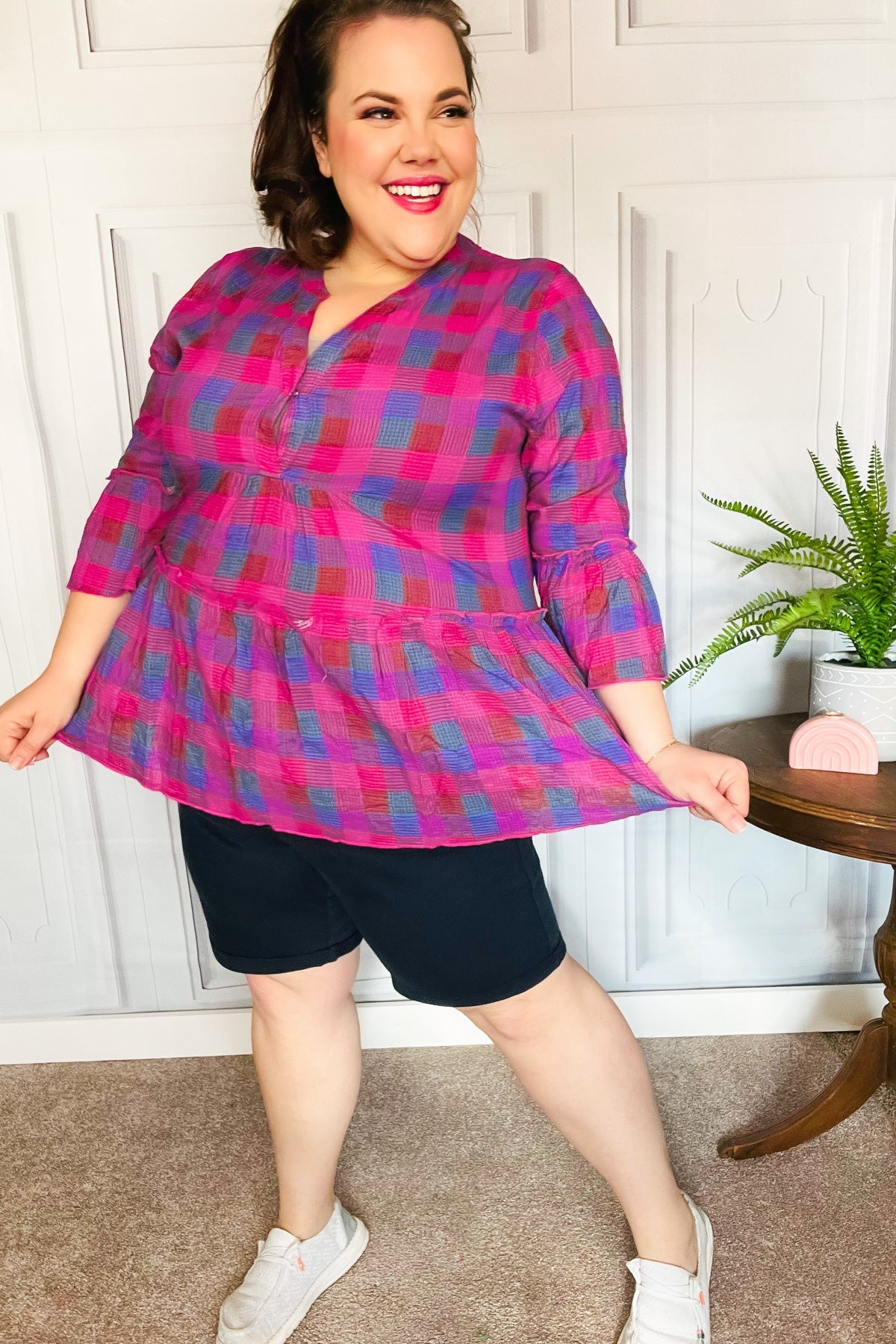 Fuchsia Plaid Notched Neck Babydoll Top